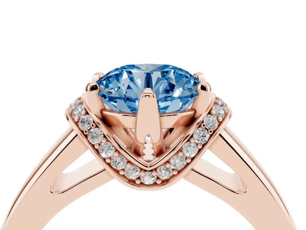 Fancy Blue Round Cut Solitaire Diamond Ring with Pave Band and Six-Prong Setting Rose gold