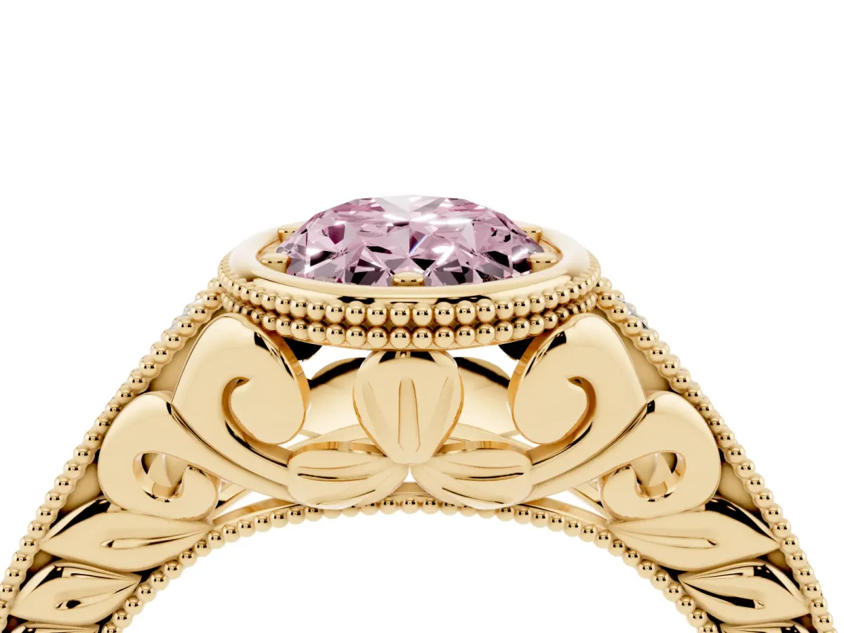 Fancy Pink Bezel Set Oval Cut Diamond Milgrain Pave Engagement Ring Yellow gold