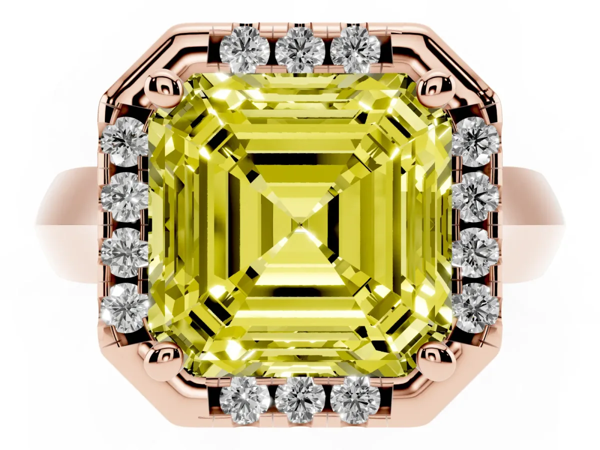 Fancy Yellow Asscher Cut Cut Halo Solitaire Engagement Ring with Square Band and Four-Prong Setting Rose gold