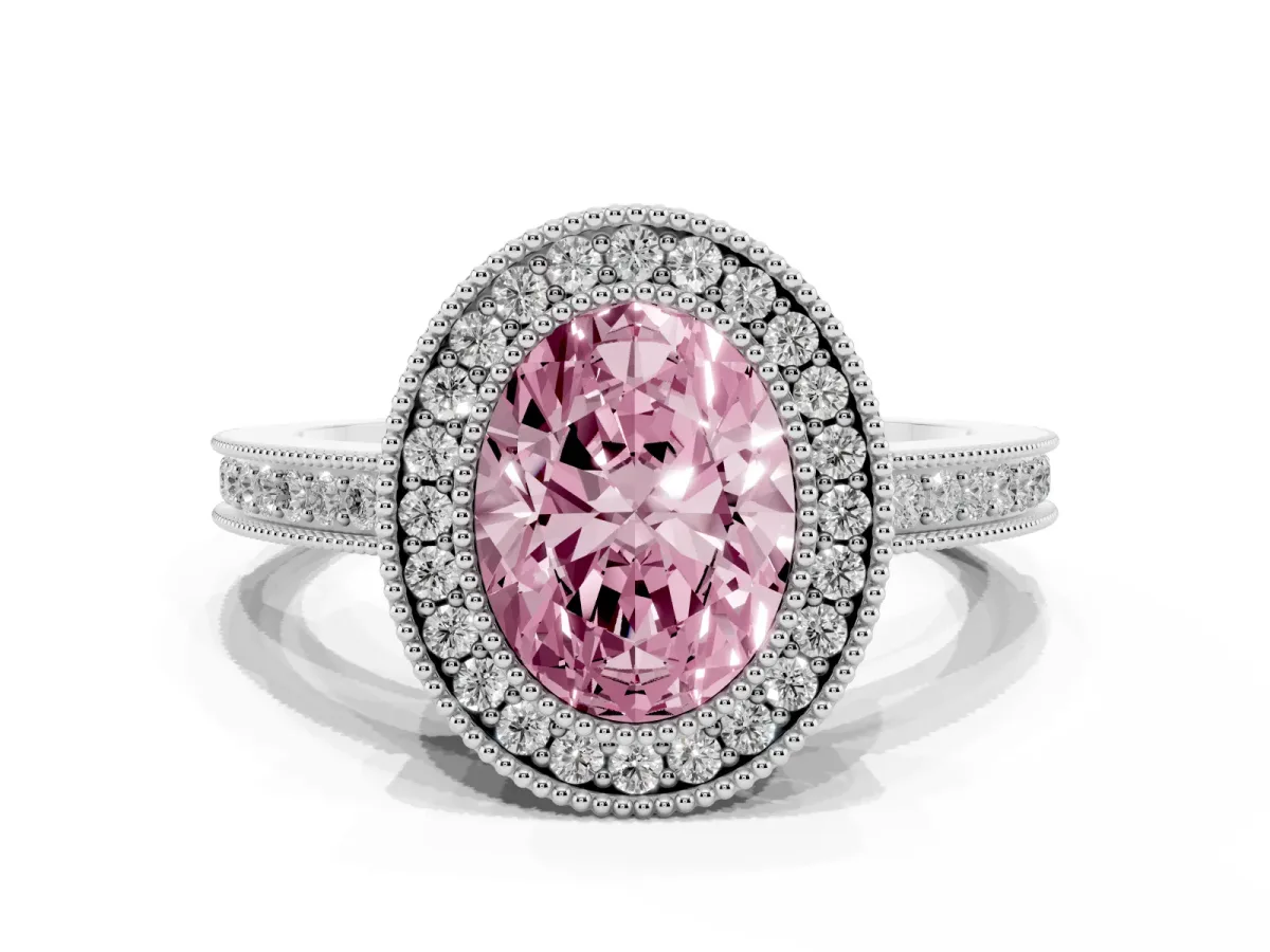 Fancy Pink Oval Cut Cut Halo Diamond Ring with Pavé Band and Milgrain Prong Setting Platinum