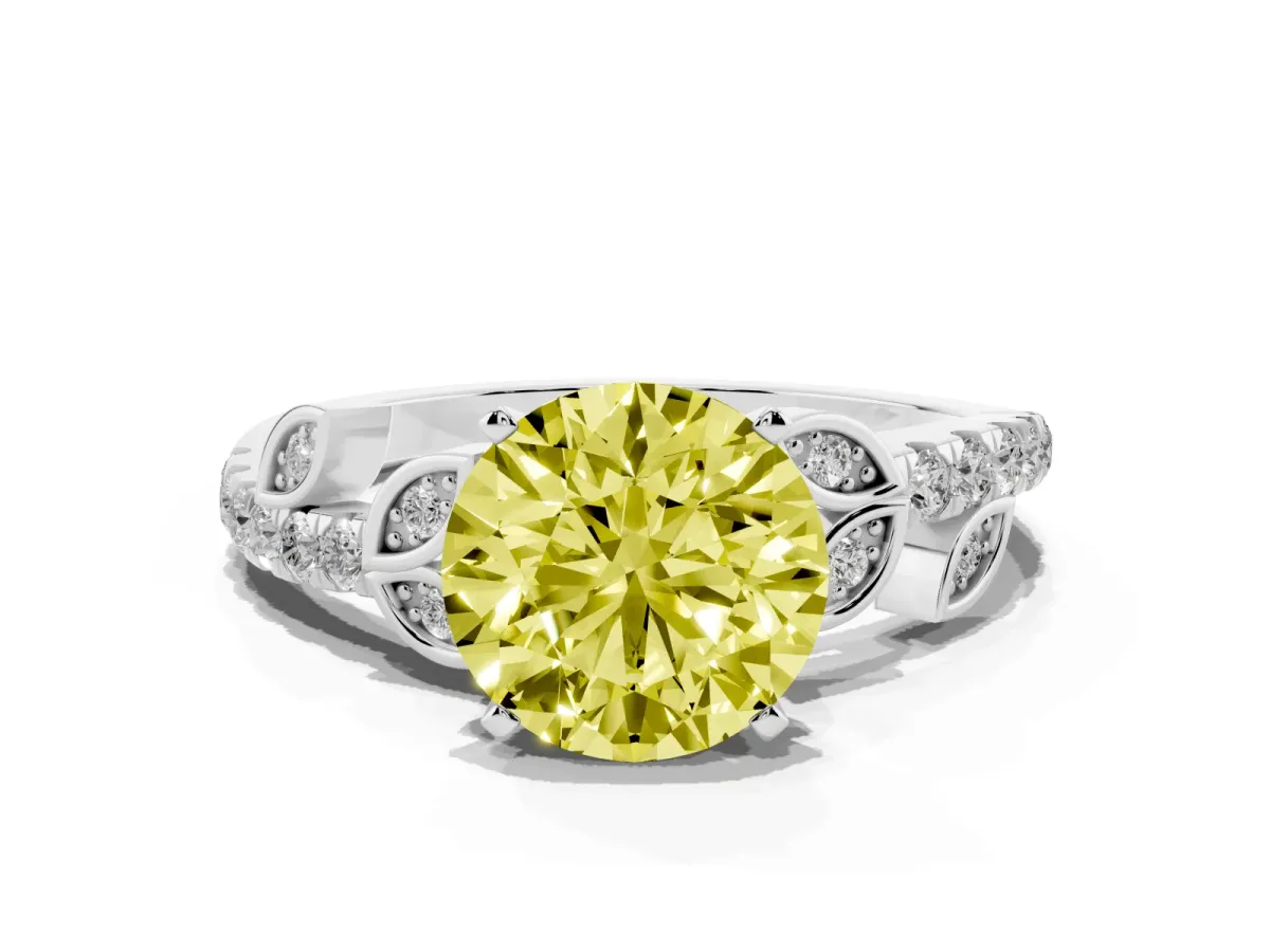 Fancy Yellow Round Cut Solitaire Leaf-Inspired Diamond Ring with Pavé Band and Four-Prong Setting Silver