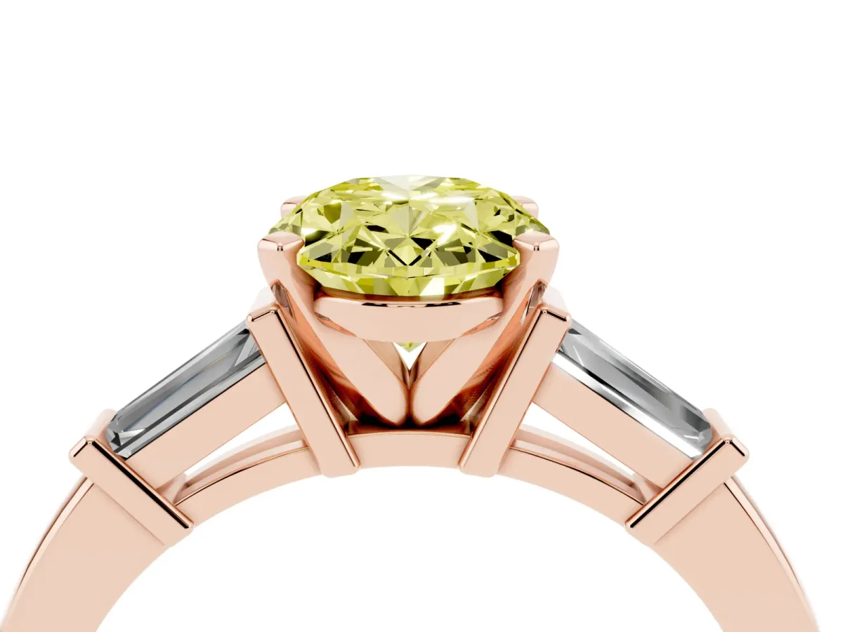 Fancy Yellow Oval Cut Cut Diamond Solitaire Ring with Tapered Baguette Accents and Four-Prong Setting Rose gold