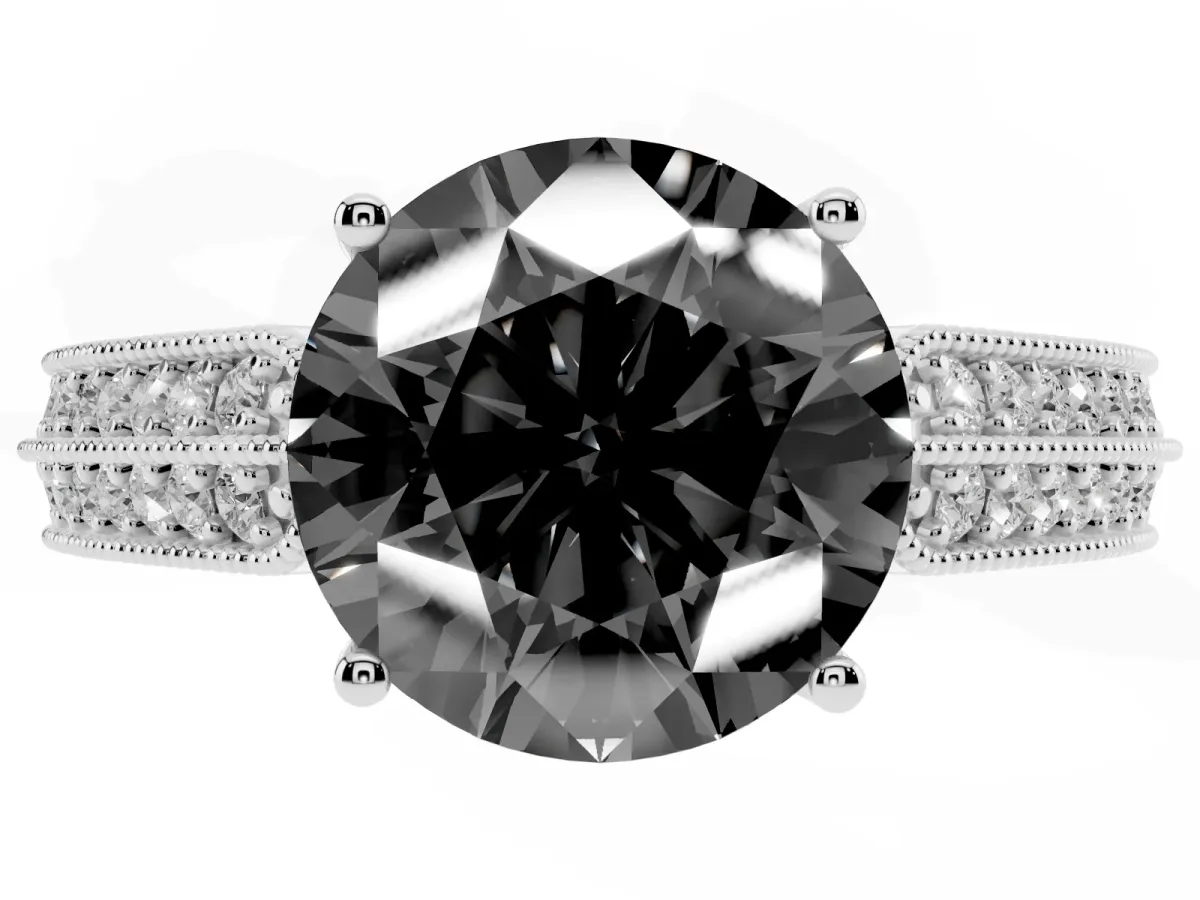 Fancy Black Round Cut Cut Pave Split Shank Engagement Ring with Four-Prong Setting Platinum