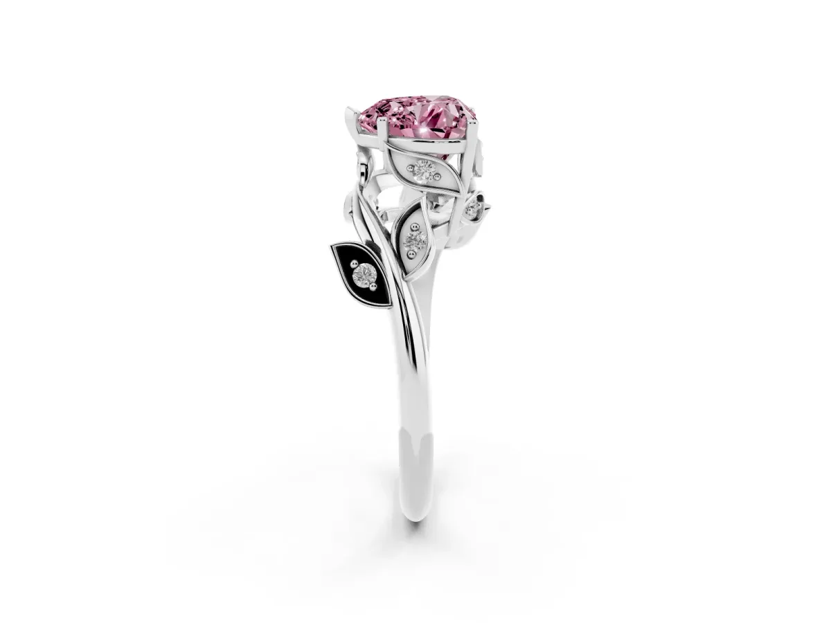Fancy Pink Heart Cut Solitaire Twist Engagement Ring with Leaf Accents and Prong Setting White gold