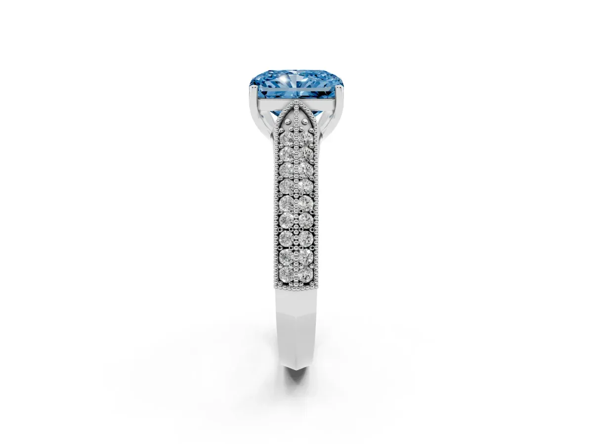 Fancy Blue Radiant Cut Cut Pave Split Shank Engagement Ring with Four-Prong Setting White gold