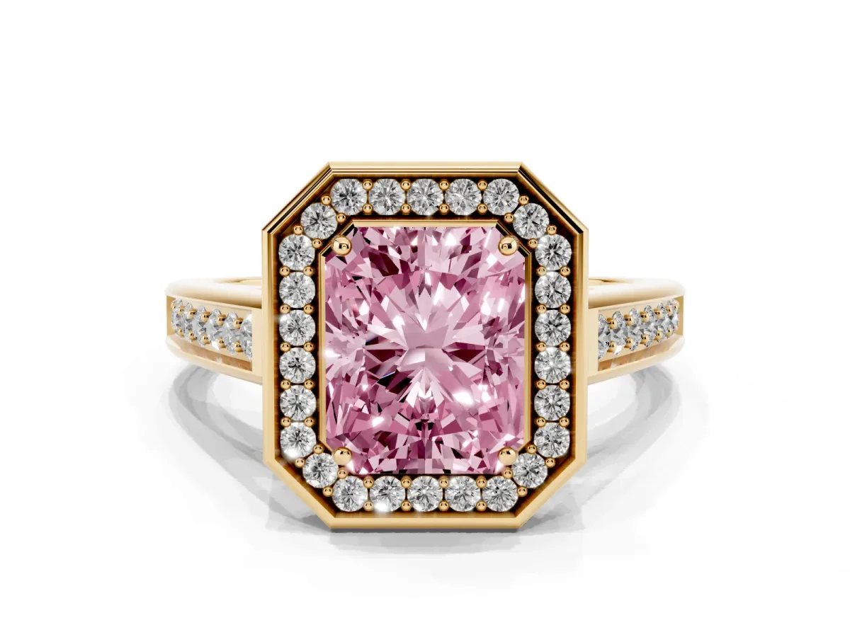Fancy Pink Radiant Cut Halo Solitaire Diamond Ring with Pave Band and Bezel Setting Yellow gold