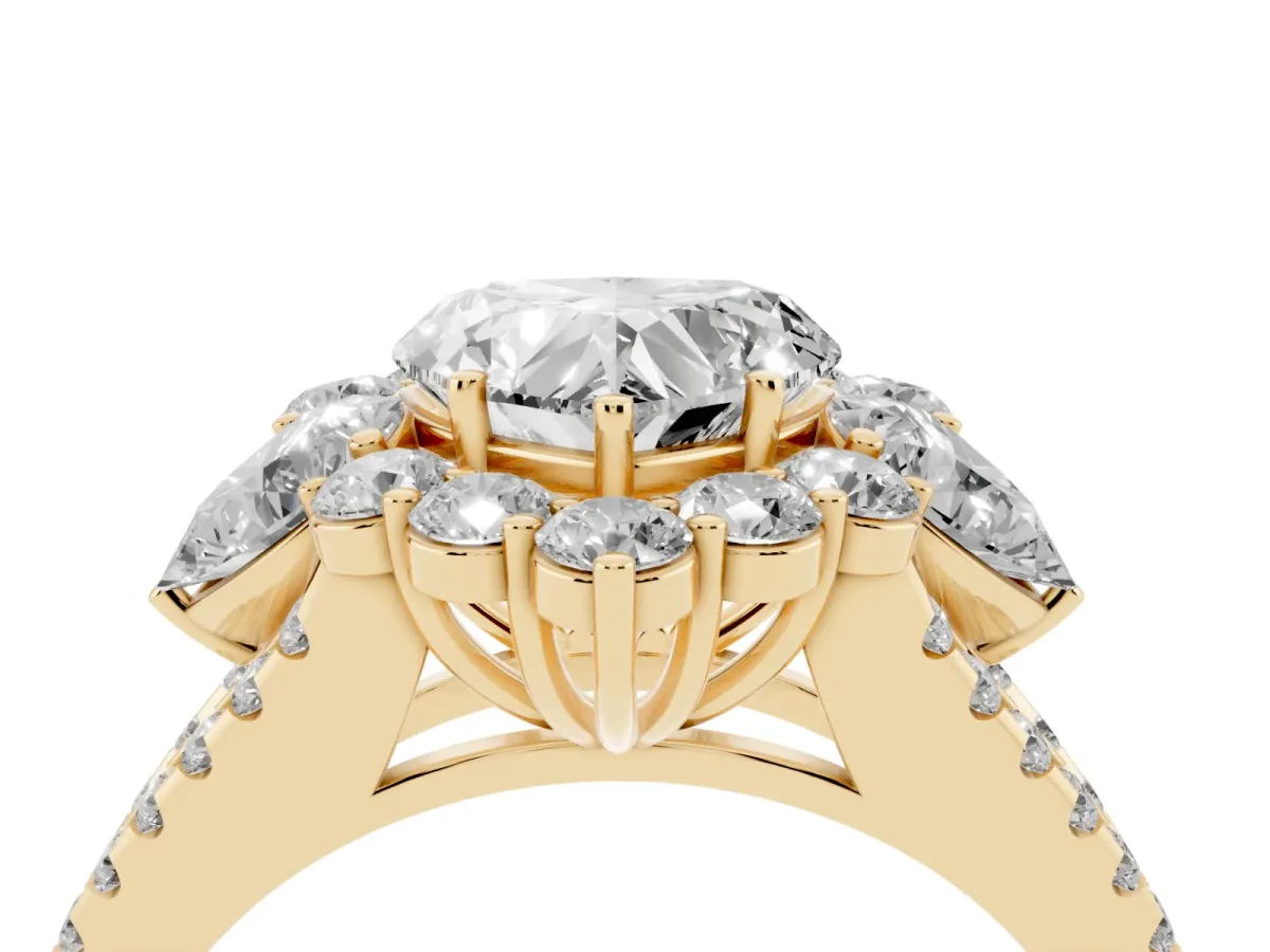 Heart Cut Halo Split Shank Diamond Engagement Ring with Prong Setting Yellow gold