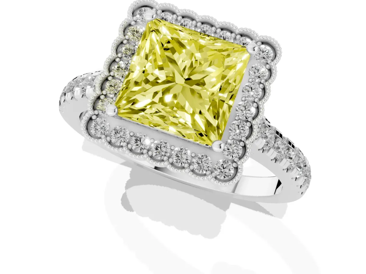 Fancy Yellow Princess Cut Cut Diamond Milgrain Floral Halo Engagement Ring with Pavé Band White gold