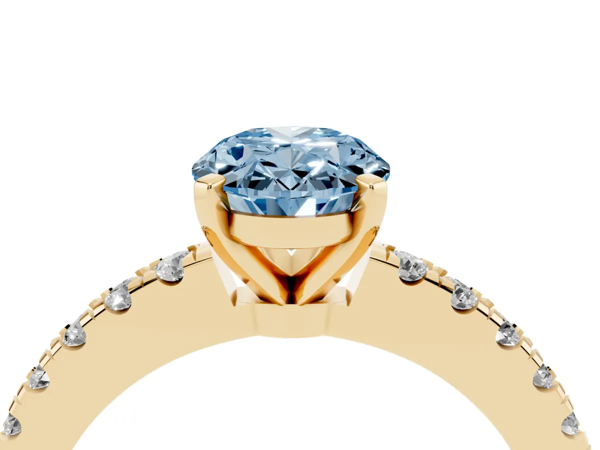 Fancy Blue Oval Cut Solitaire Diamond with Pavé Band and Four-Prong Setting Yellow gold