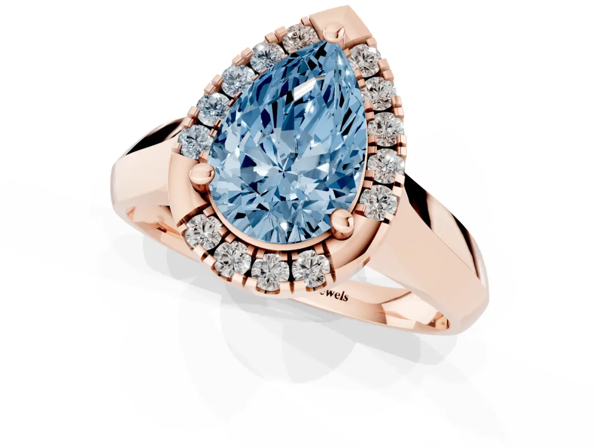 Fancy Blue Pear Cut Cut Halo Solitaire Engagement Ring with Square Band and Four-Prong Setting Rose gold