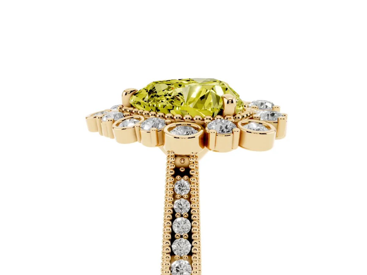 Fancy Yellow Heart Cut Halo Milgrain Pave Diamond Ring with Four-Prong Setting Yellow gold