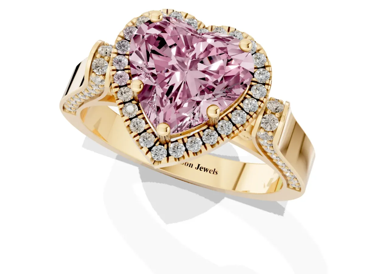 Fancy Pink Heart Cut Halo Pave Split Shank Prong Setting Ring Yellow gold