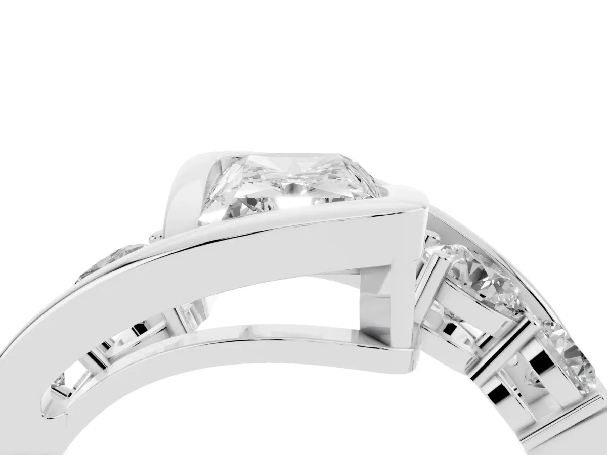 Bezel Set Radiant Cut Diamond Bypass Ring with Round Accents Silver