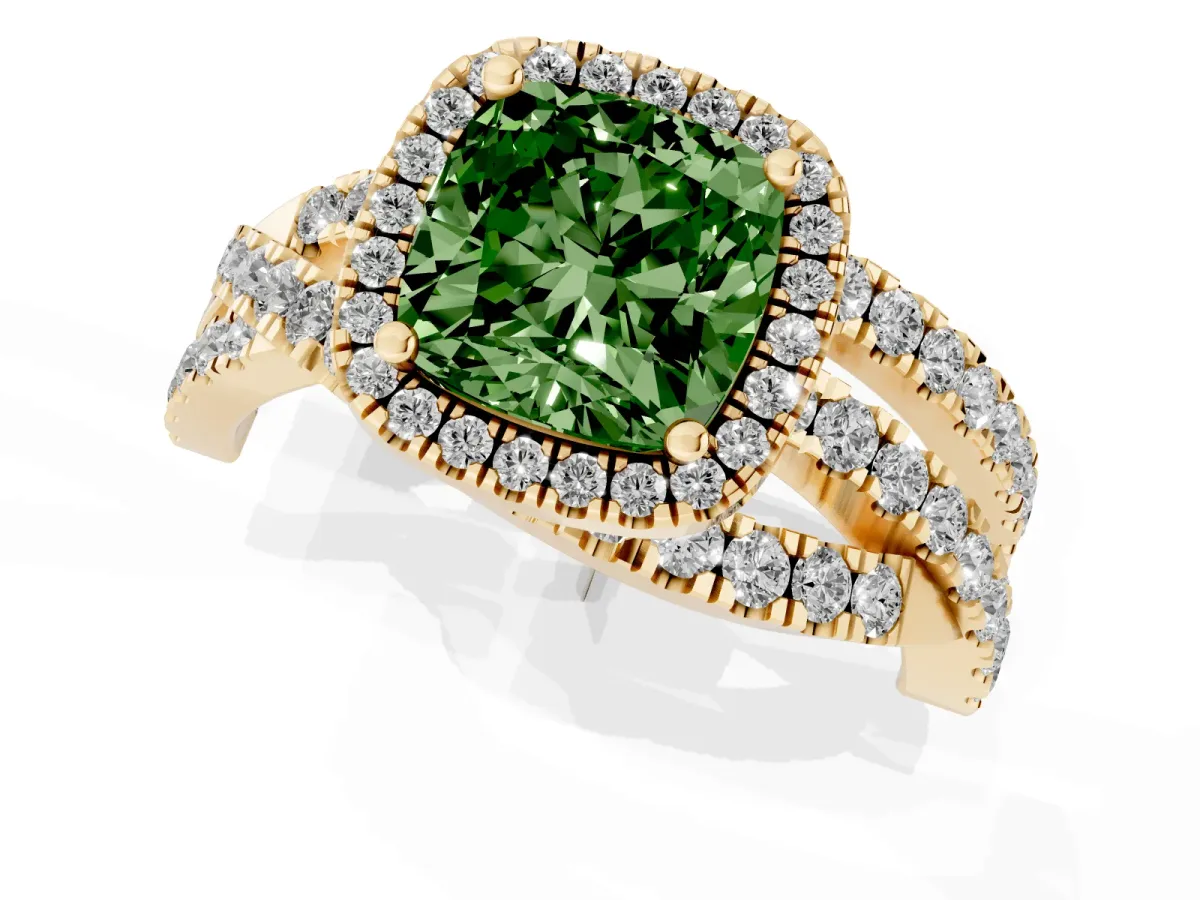Fancy Green Cushion Cut Diamond Halo Ring with Round Split Shank and Prong Setting Yellow gold