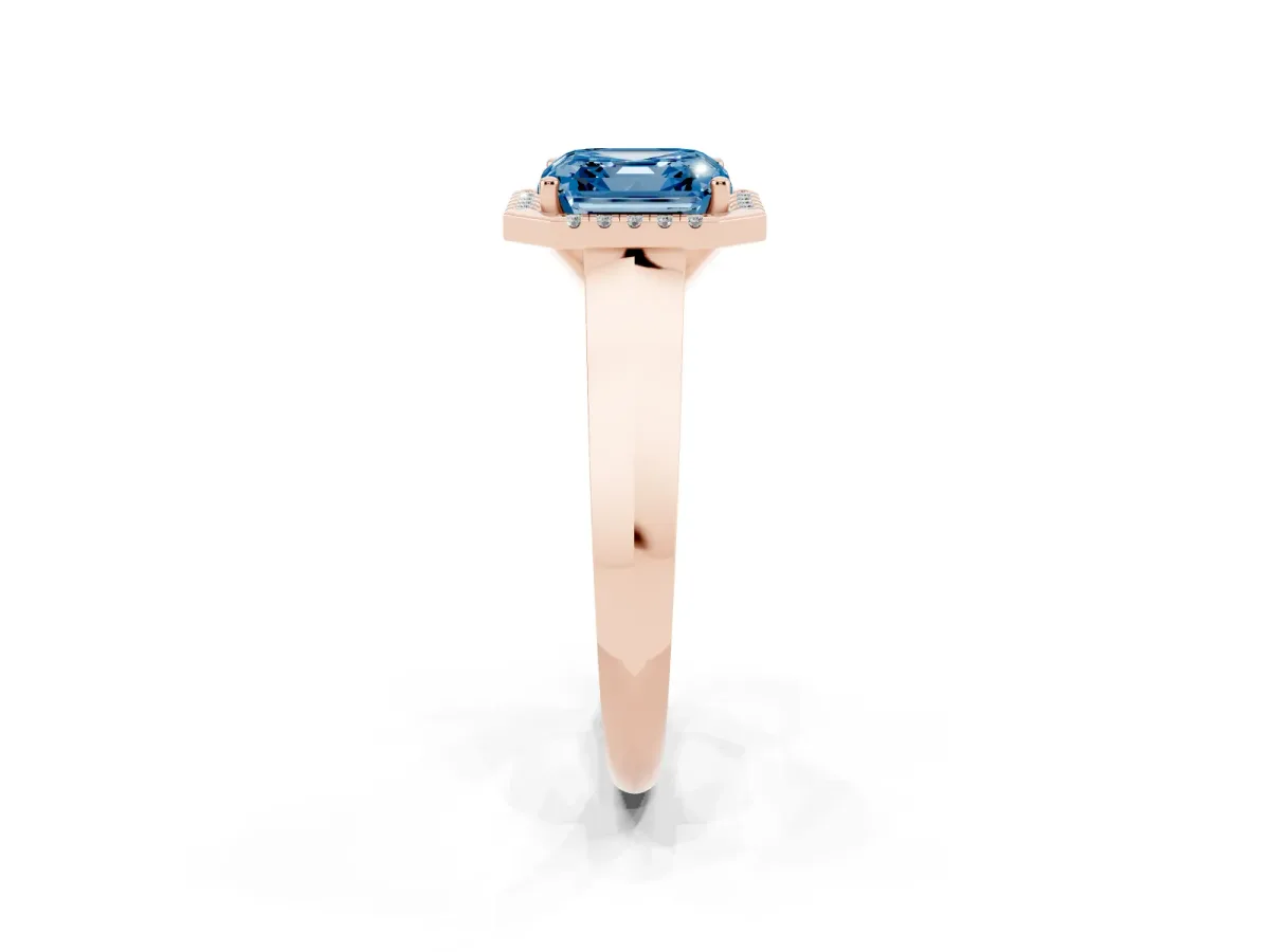 Fancy Blue Asscher Cut Halo Diamond Ring with Cathedral Band and Four-Prong Setting Rose gold