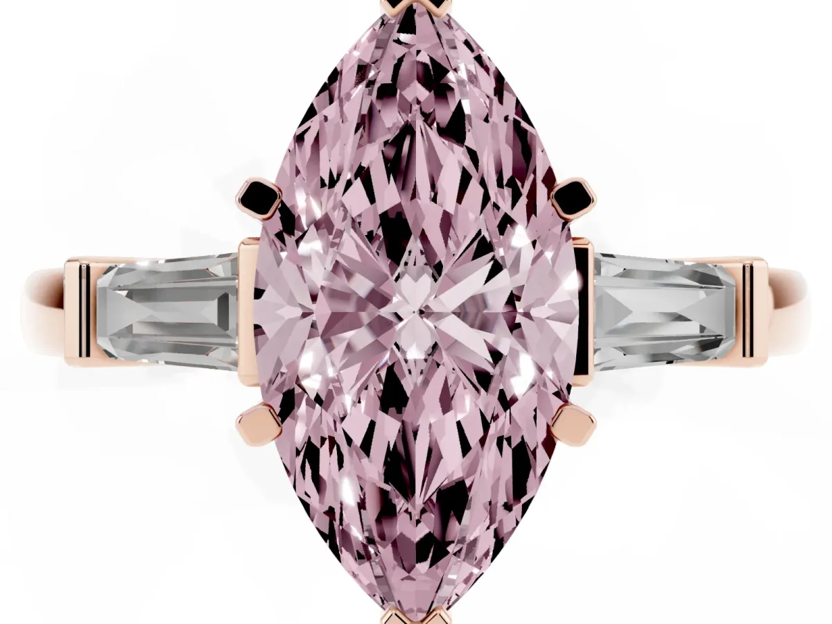 Fancy Pink Marquise Cut Cut Diamond Solitaire Ring with Tapered Baguette Accents and Four-Prong Setting Rose gold