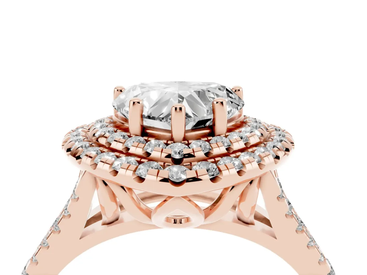 Double Halo Heart Cut Diamond Pavé Split Shank Ring with Prong Setting Rose gold