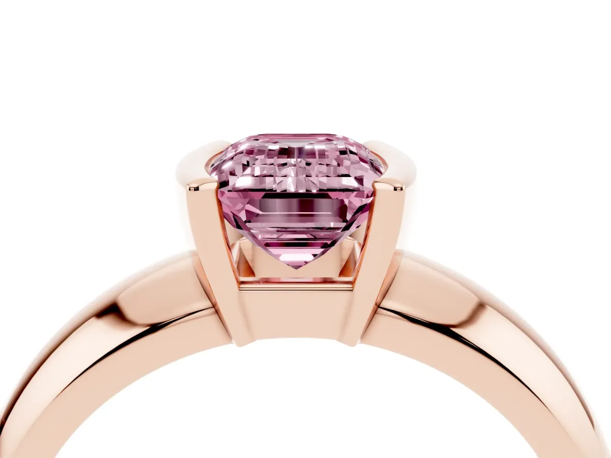 Fancy Pink Emerald Cut Solitaire Tension Set Diamond Ring with Wide Band Rose gold