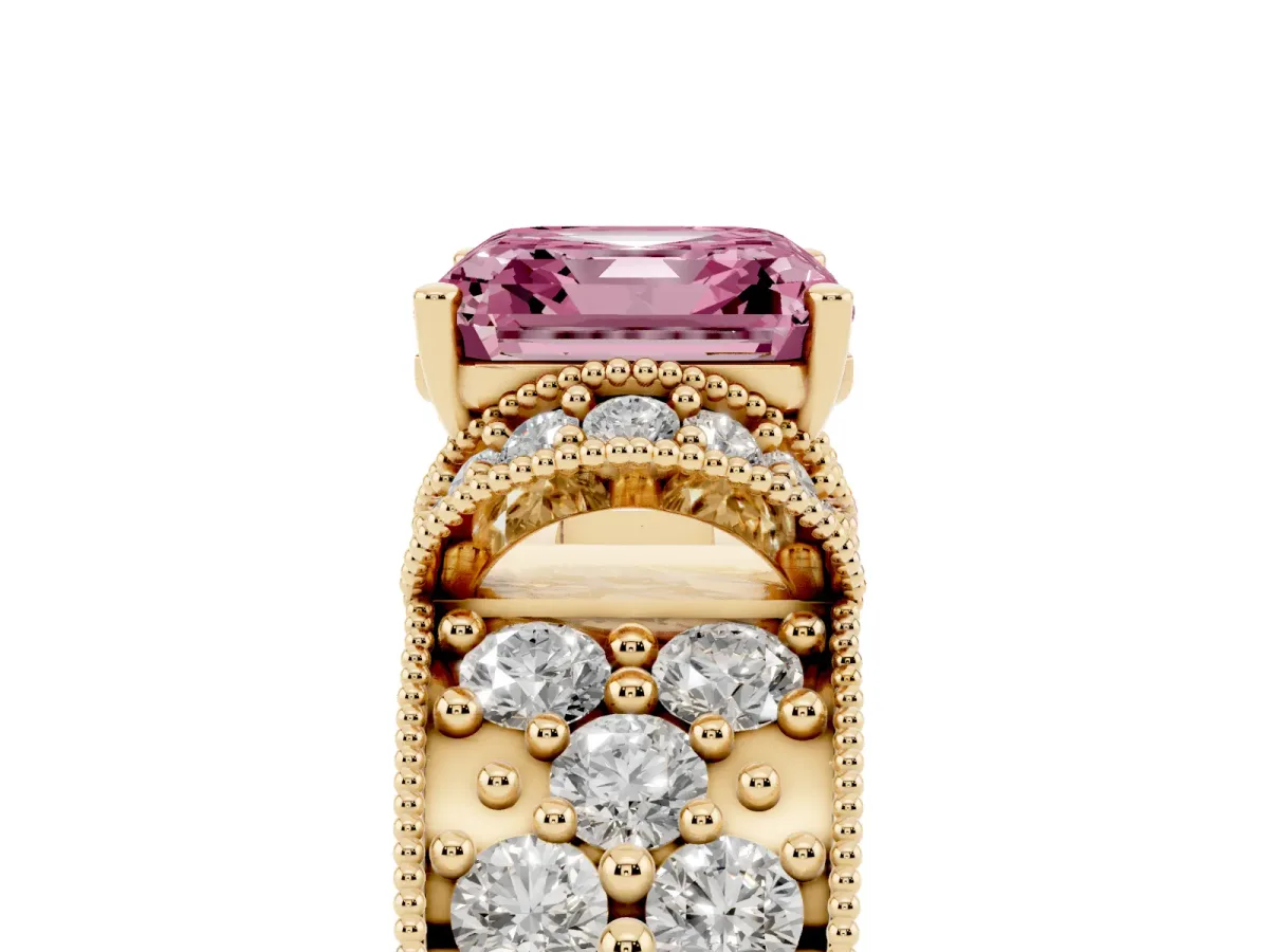 Fancy Pink Asscher Cut Halo Pave Diamond Engagement Ring with Milgrain Detailing Yellow gold