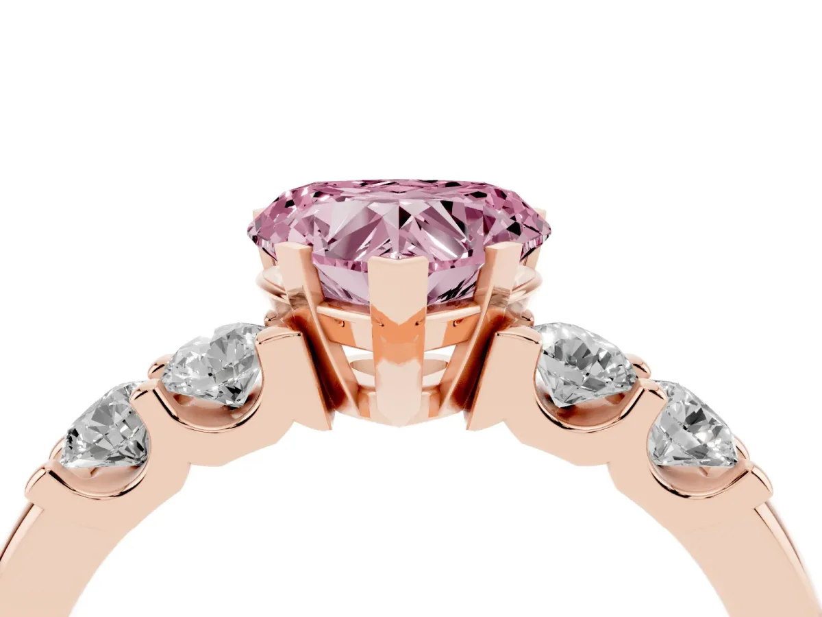 Fancy Pink Heart Cut Brilliant Cut Diamond Five-Stone Prong Set Engagement Ring with Channel Band Rose gold