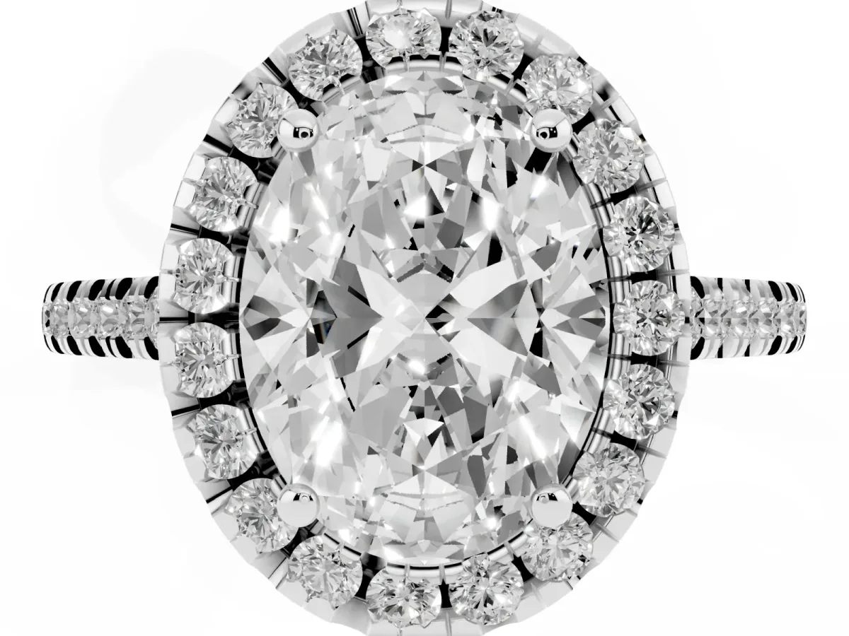 Oval Cut Diamond Cushion Halo Ring with Pavé Band Silver