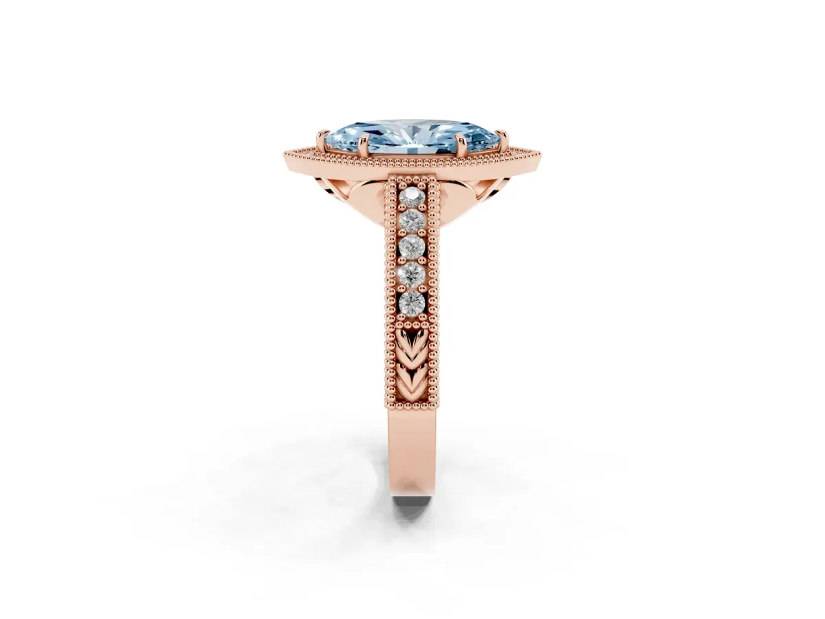 Fancy Blue Marquise Cut Cut Halo Diamond Ring with Pavé Band and Four-Prong Setting Rose gold