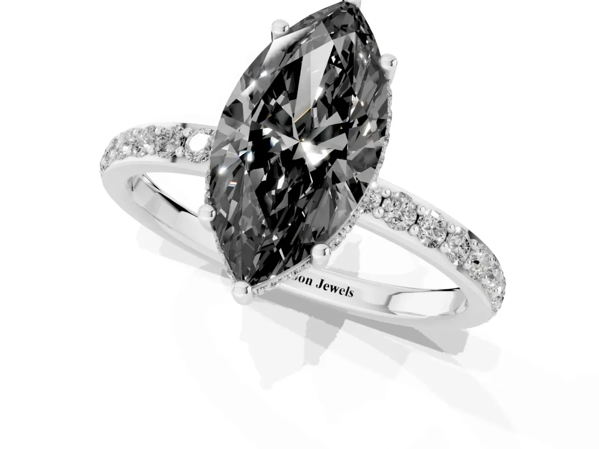 Fancy Black Marquise Cut Diamond Solitaire Ring with Pavé Band and Hidden Halo Silver