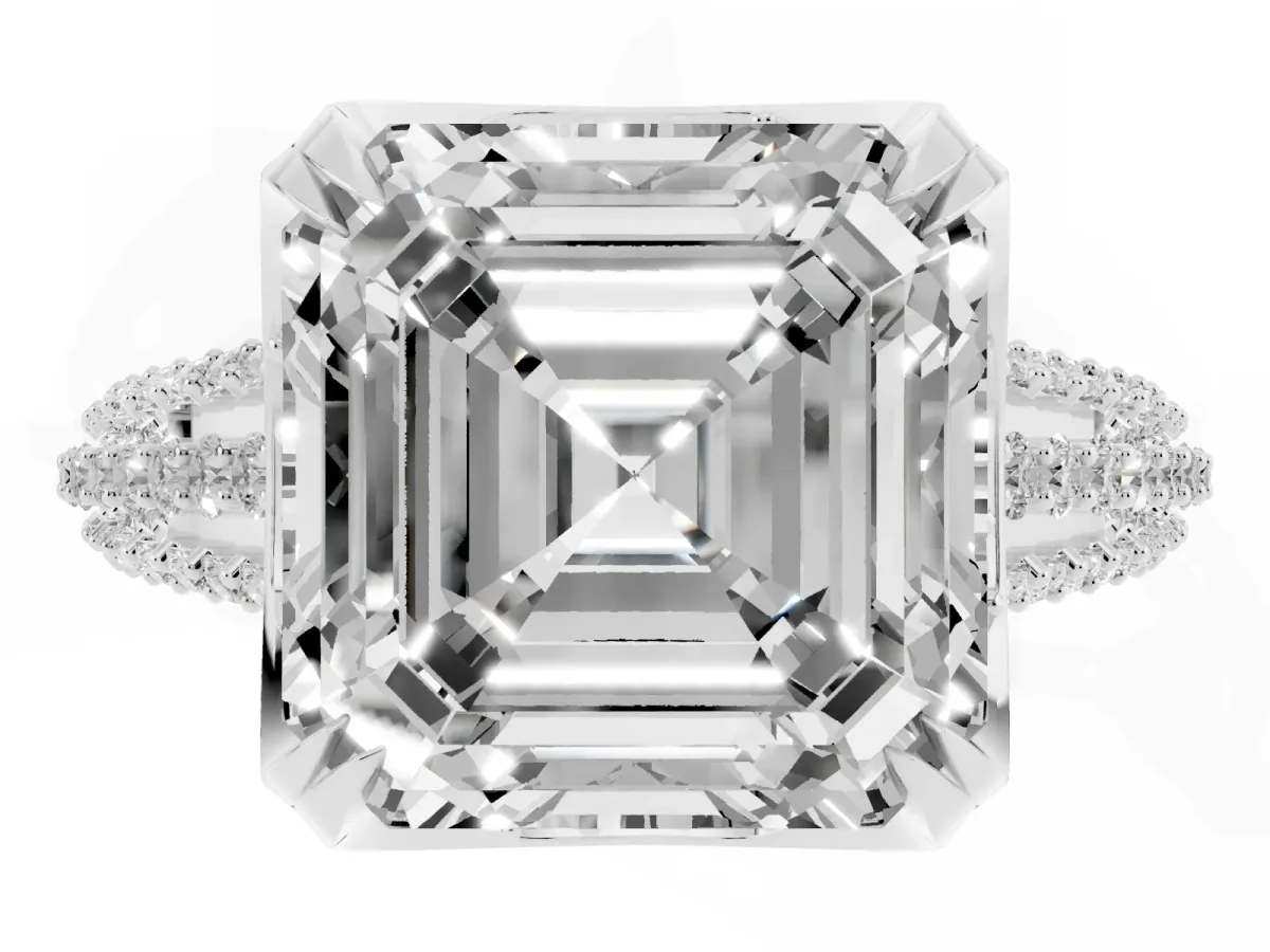 Asscher Cut Solitaire Pave Split Shank Ring with Four-Prong Setting Platinum
