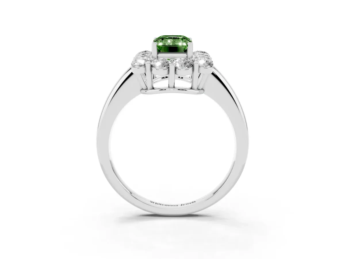 Fancy Green Emerald Cut Halo Cluster Diamond Engagement Ring with Prong Setting and Polished Band Platinum