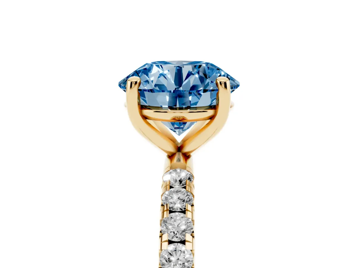 Fancy Blue Round Cut Cut Diamond Solitaire Ring with Micro Pave Band and Four Prong Setting Yellow gold