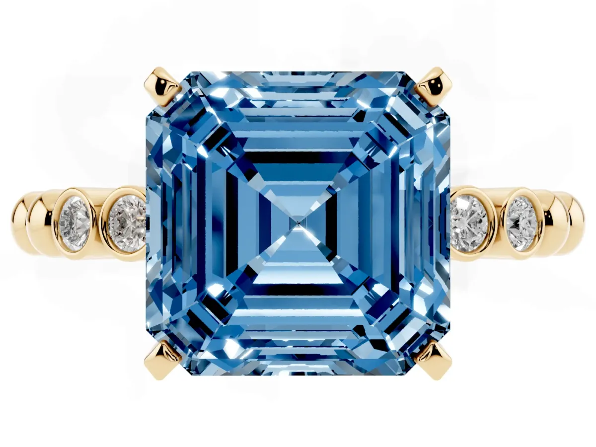 Fancy Blue Asscher Cut Solitaire Bezel Accent Diamond Engagement Ring with Beaded Band and Four-Prong Setting Yellow gold