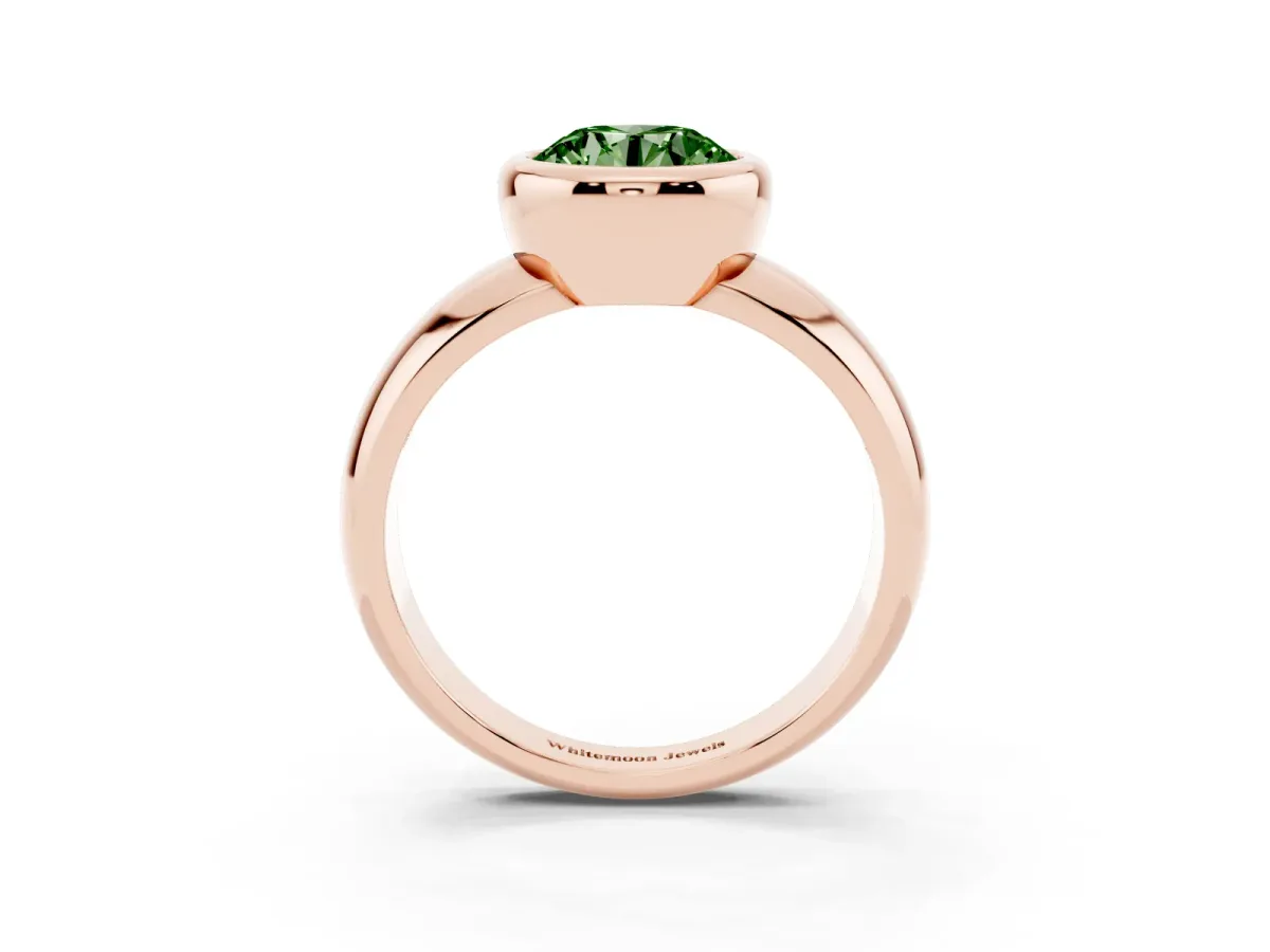 Fancy Green Bezel Set Round Cut Solitaire Ring with Wide Band Rose gold