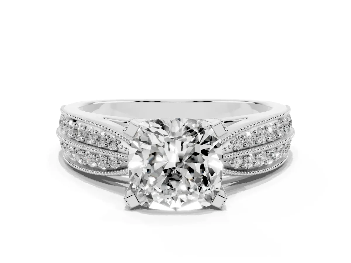 Cushion Cut Diamond Solitaire Ring with Milgrain Round Pavé Band and Prong Setting Silver