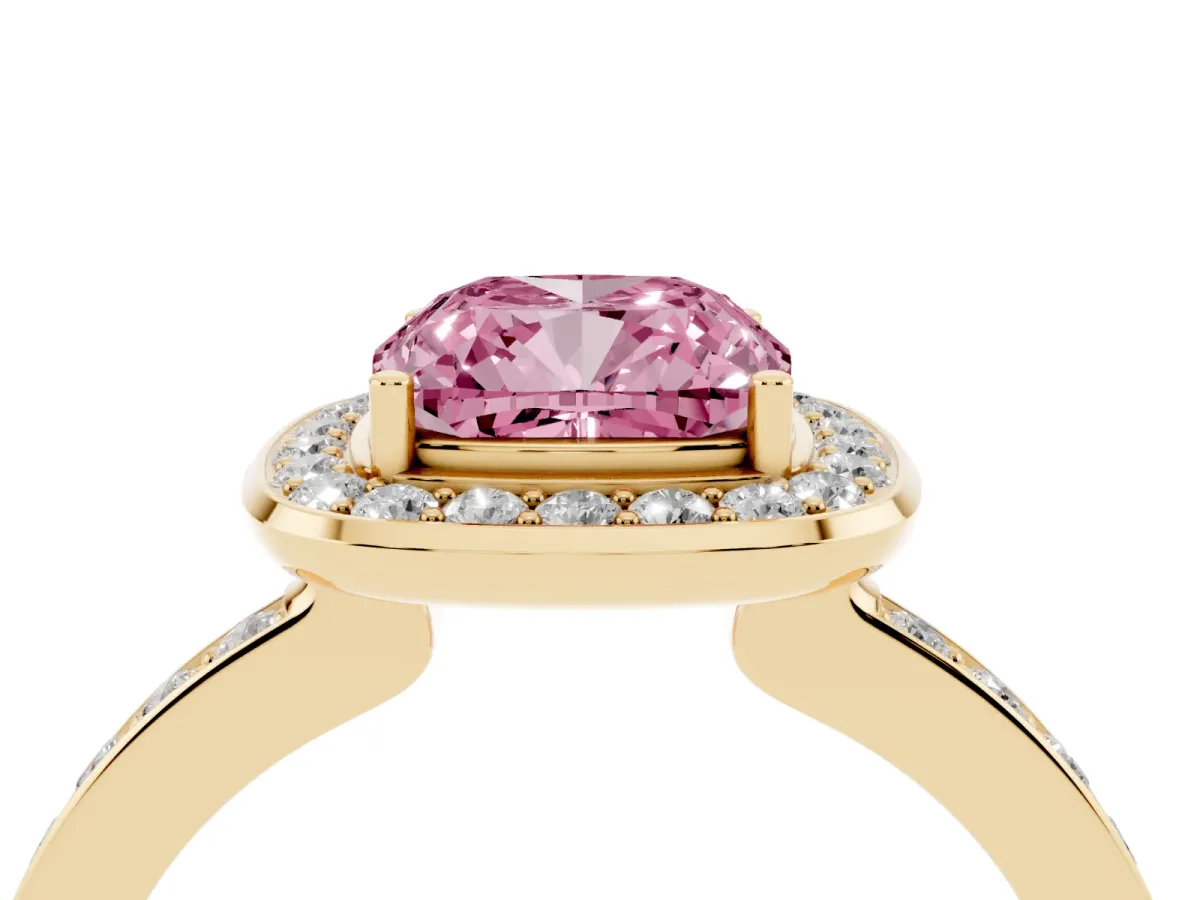Fancy Pink Cushion Cut Diamond Halo Ring with Bezel Frame and Pavé Band Yellow gold