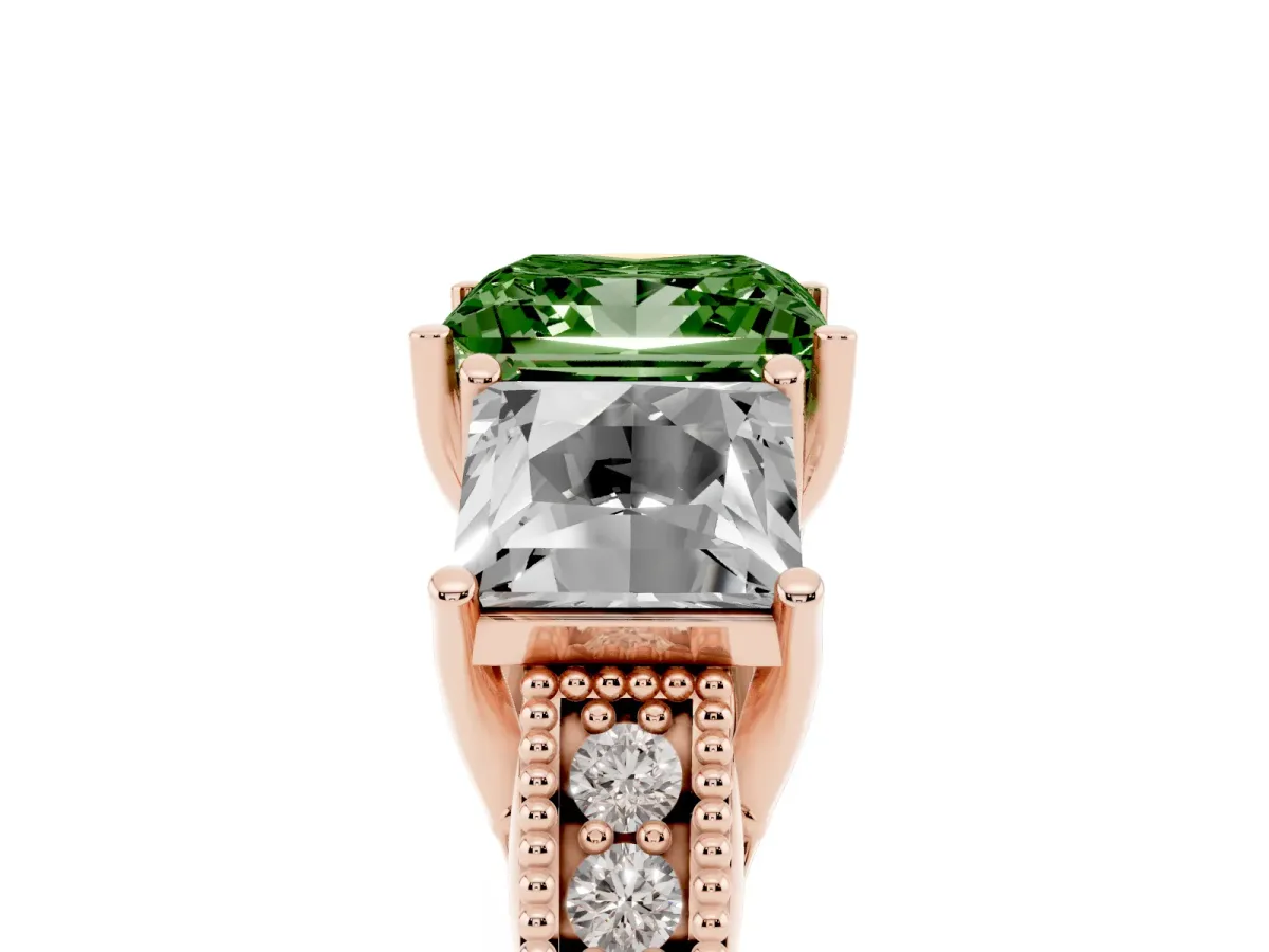 Fancy Green Three-Stone Princess Cut Cut Milgrain Pavé Engagement Ring Rose gold