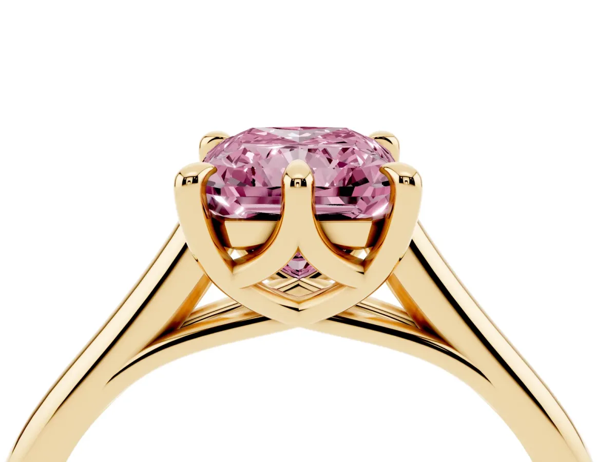 Fancy Pink Radiant Cut Solitaire Engagement Ring with Six-Prong Setting and Classic Band Yellow gold