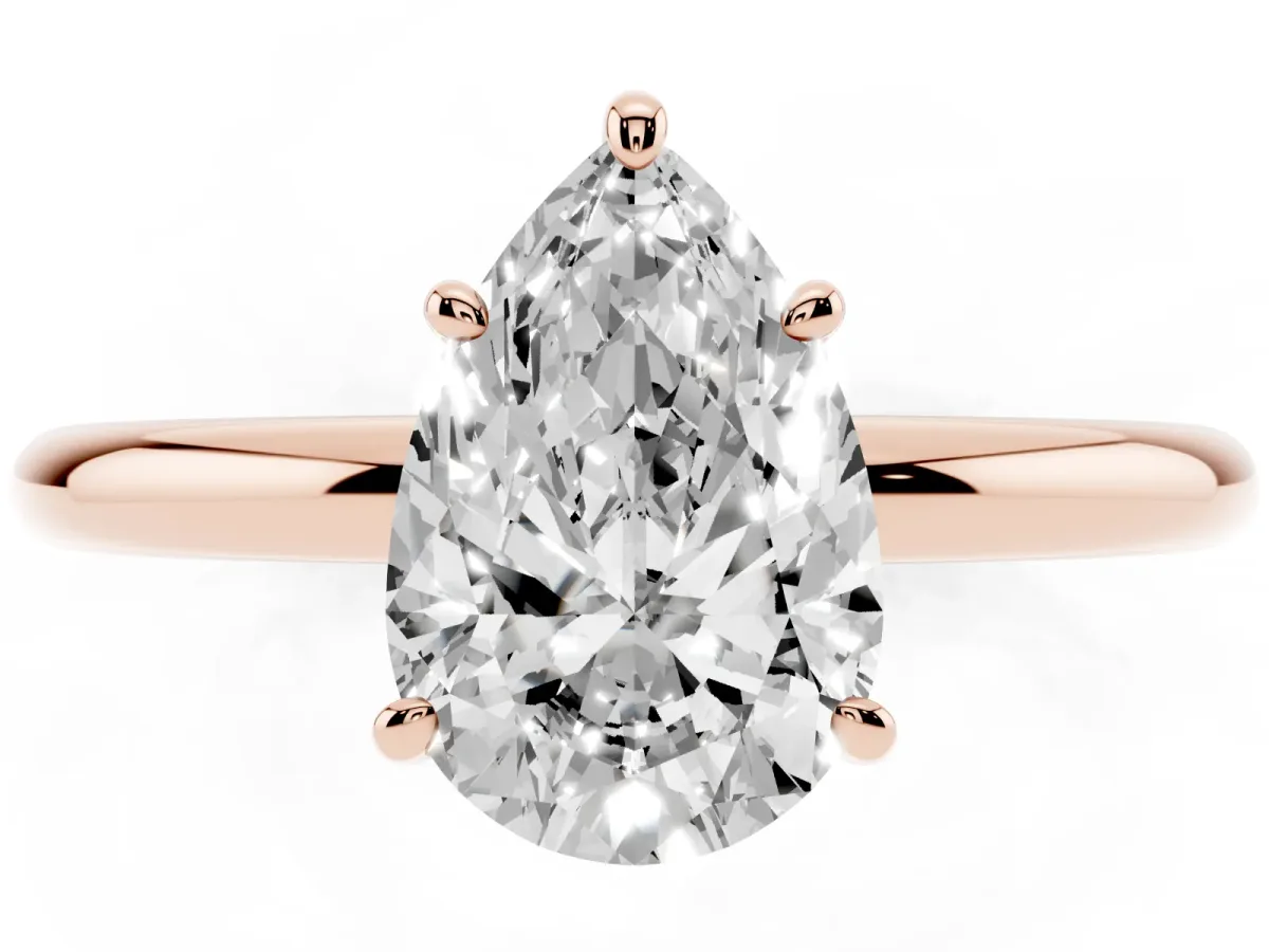 Pear Cut Solitaire Diamond Ring with Four-Prong Setting on a Plain Band Rose gold