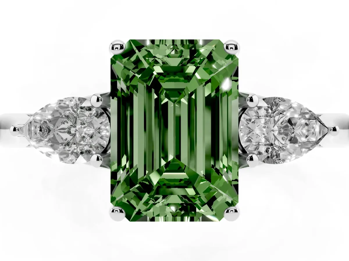 Fancy Green Emerald Cut Diamond Three-Stone Ring with Pear Side Stones and Prong Setting Silver