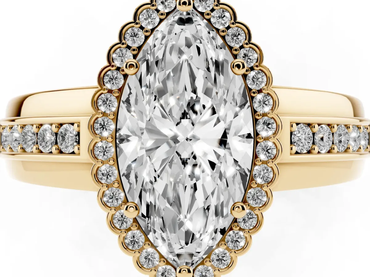 Marquise Cut Cut Halo Pave Band Four-Prong Ring Yellow gold