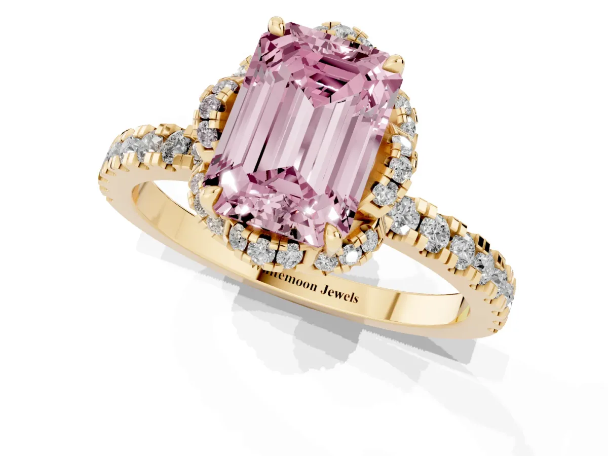 Fancy Pink Emerald Cut Halo Diamond Pave Band Ring with Four-Prong Setting Yellow gold
