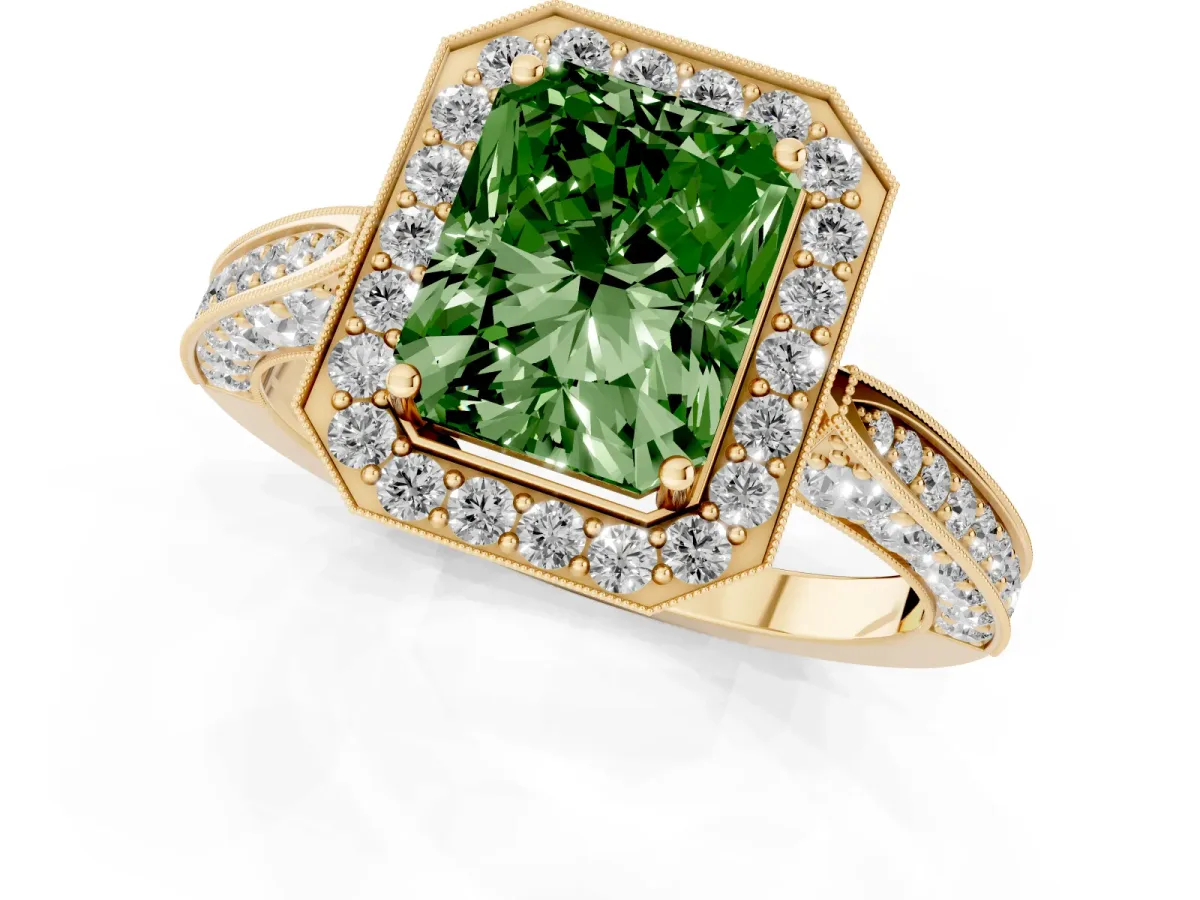 Fancy Green Radiant Cut Halo Diamond Engagement Ring with Split Shank Band and Four-Prong Setting Yellow gold