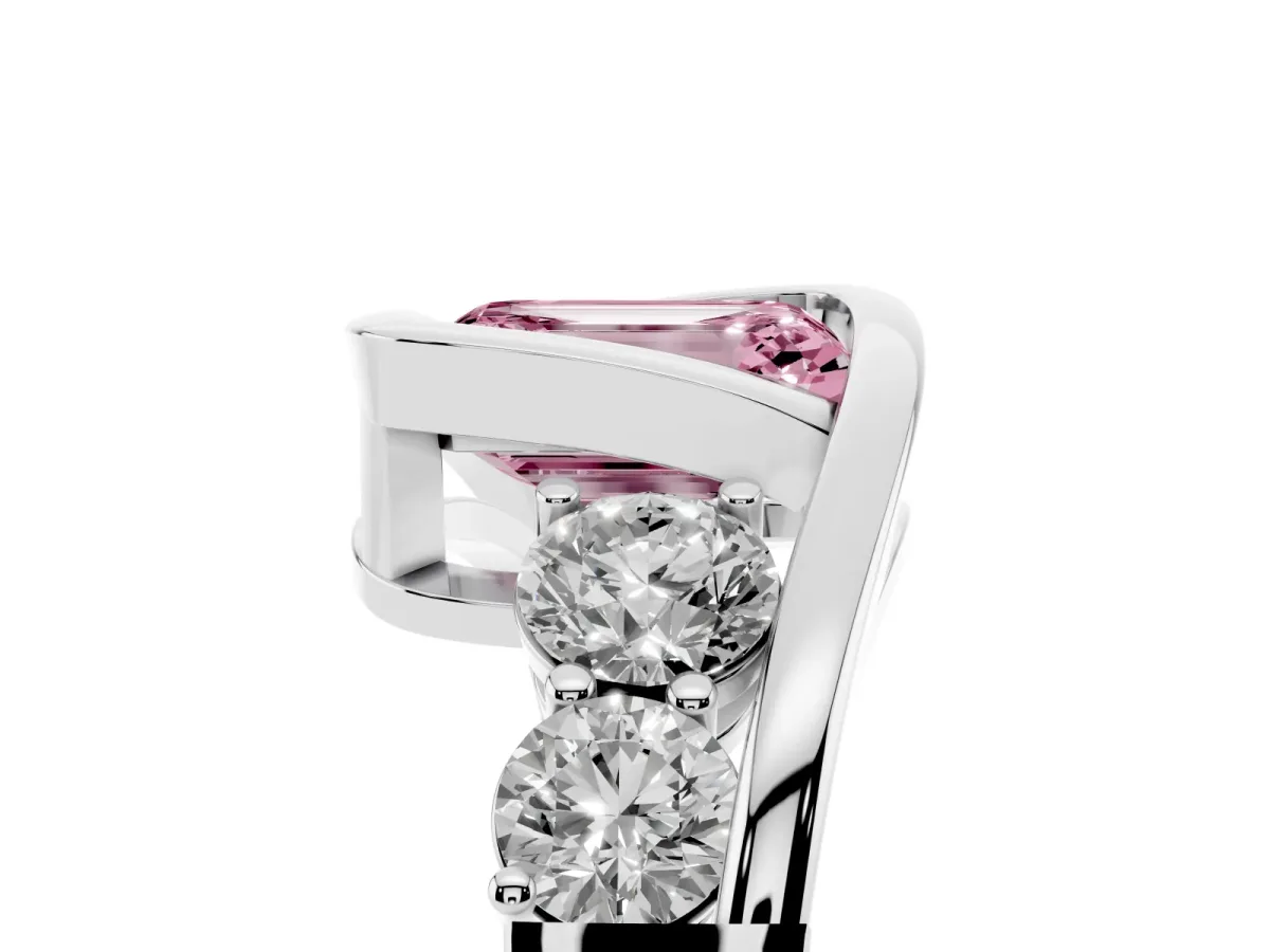 Fancy Pink Bezel Set Emerald Cut Diamond Bypass Ring with Round Accents Platinum