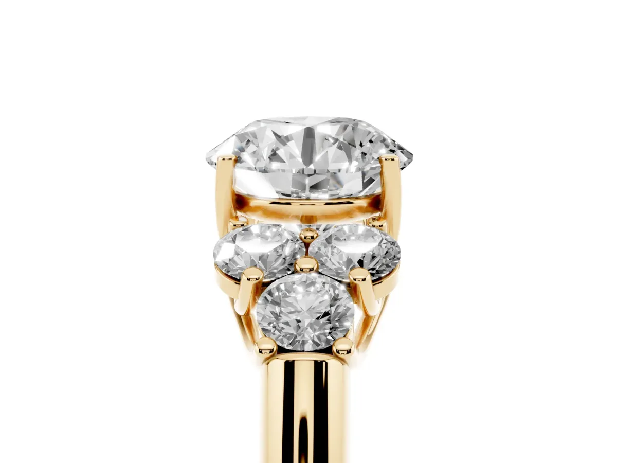 Round Cut Cut Diamond Cluster Ring with Round Accent Stones and Prong Setting on a Classic Band Yellow gold