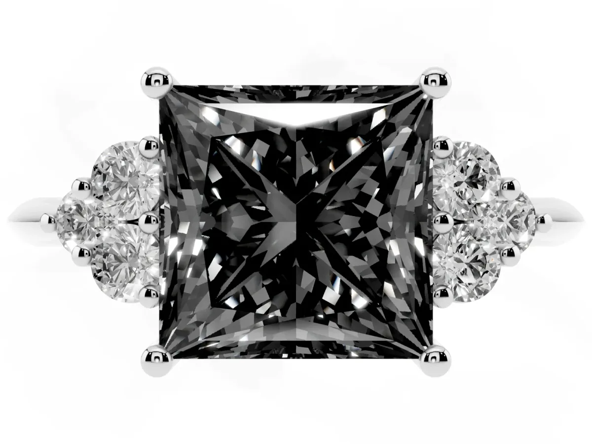 Fancy Black Princess Cut Cut Diamond Cluster Ring with Solitaire Band and Four-Prong Setting Silver