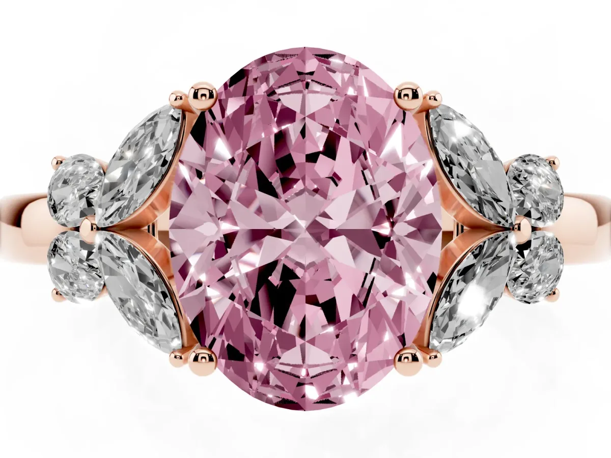 Fancy Pink Oval Cut Cut Solitaire Floral Diamond Ring with Four-Prong Setting Rose gold