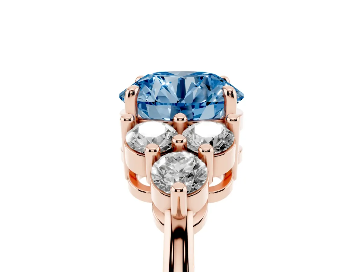 Fancy Blue Round Cut Brilliant Diamond Cluster Accent Solitaire Ring with Prong Setting Rose gold