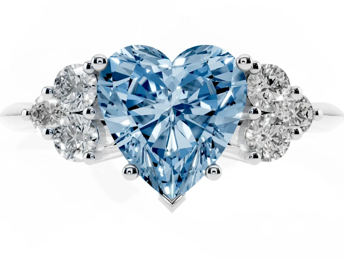 Fancy Blue Heart Cut Cut Diamond Cluster Ring with Solitaire Band and Four-Prong Setting Silver
