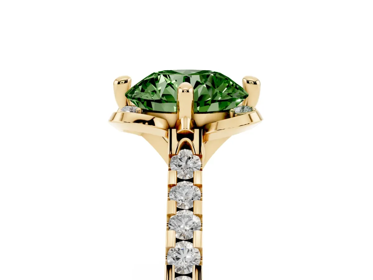 Fancy Green Round Cut Diamond Ring with Pavé Band and Floral Prong Setting Yellow gold