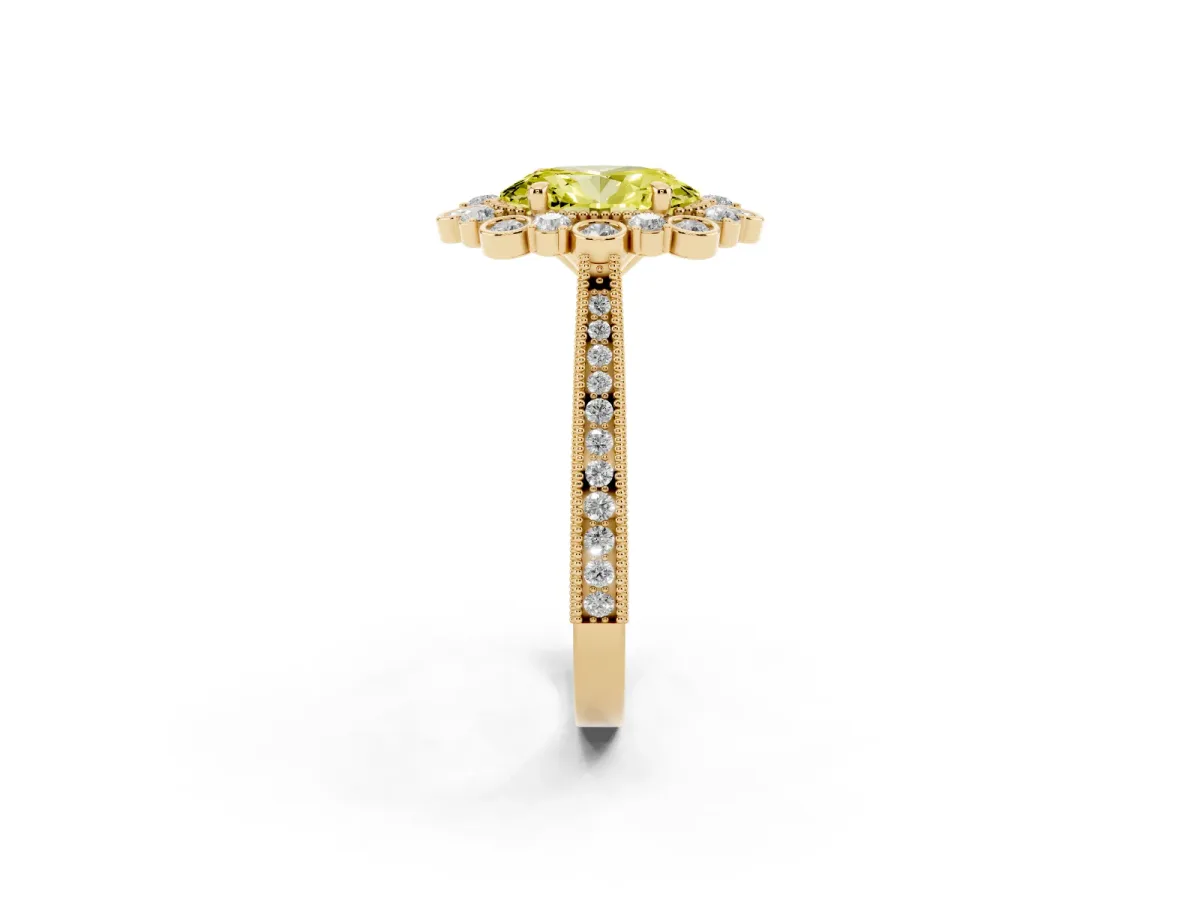 Fancy Yellow Oval Cut Halo Milgrain Pave Diamond Ring with Four-Prong Setting Yellow gold