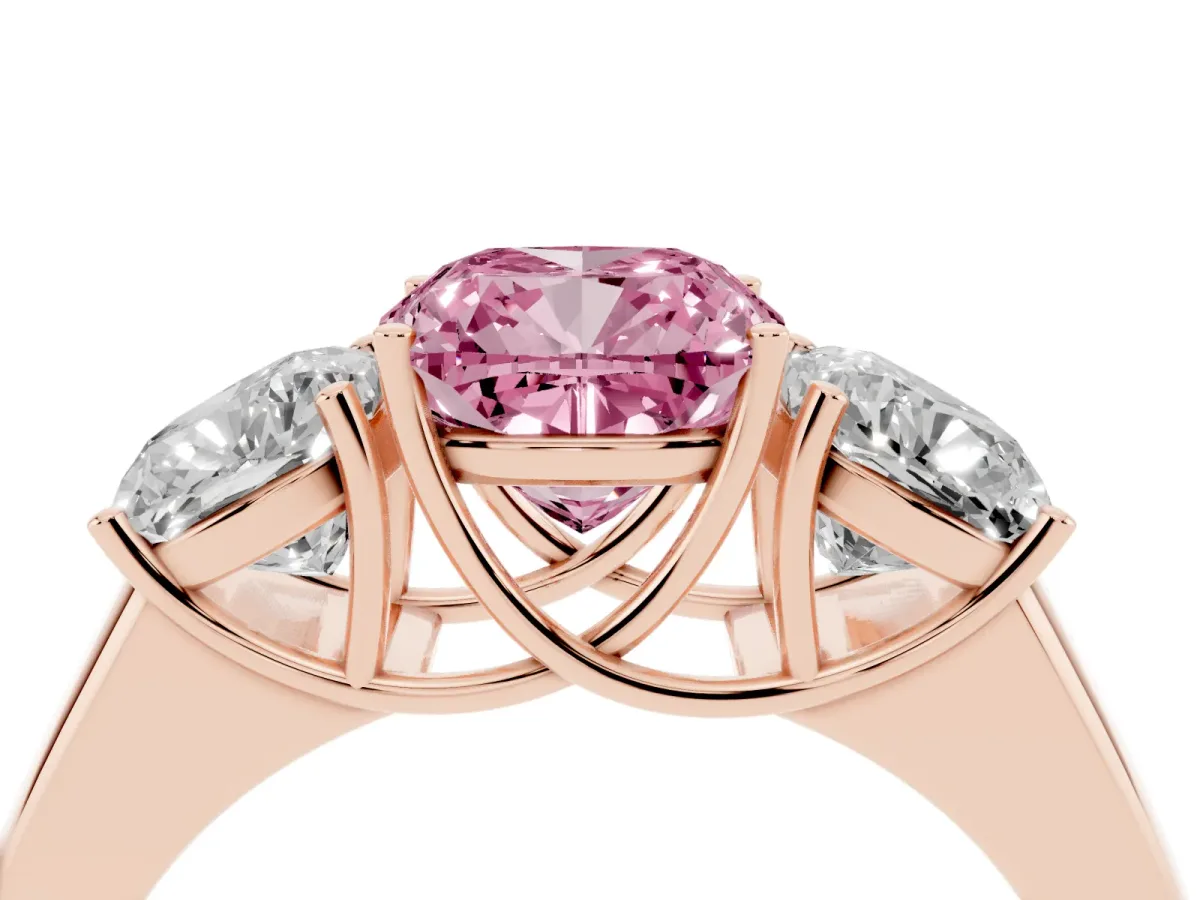 Fancy Pink Three-Stone Cushion Cut Cut Diamond Ring with Prong Setting and Classic Band Rose gold